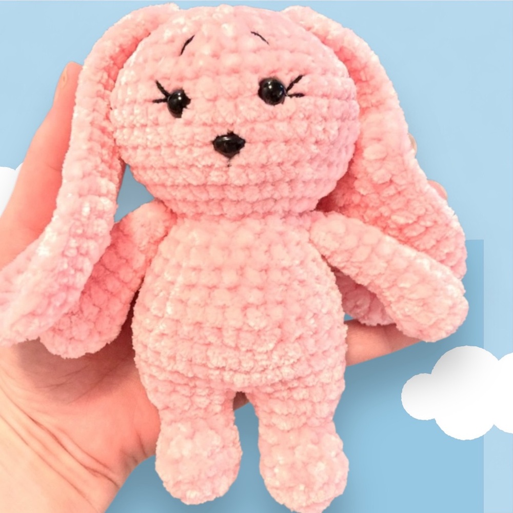 Handmade crocheted bunny floppy ear worried rabbit pink chenille stuffed animal
